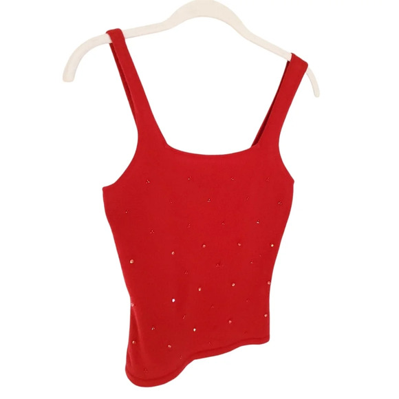 INC Blouse Tee Women's Small 100% Cashmere Red Top Sleeveless Beeds Detail Strap - Picture 3 of 12